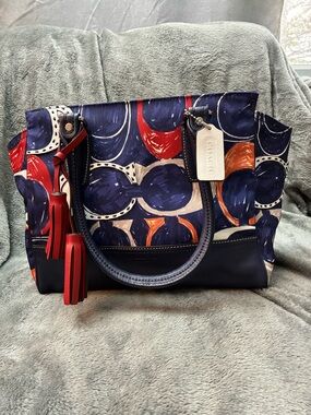 Coach Navy Canvas Tote with Red & Cream Accents